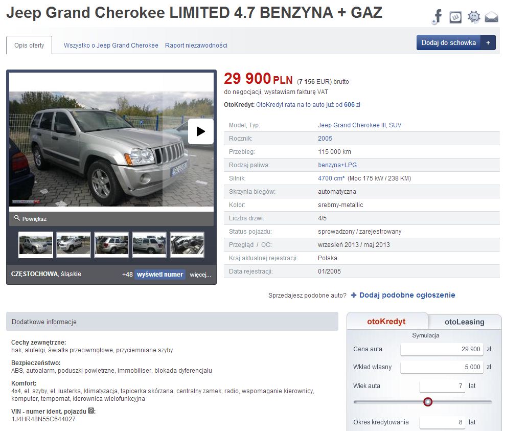 Bezwypadkowy.net: Jeep Grand Cherokee Wk 4.7 Vin 1J4Hr48N55C644027 (1/1)